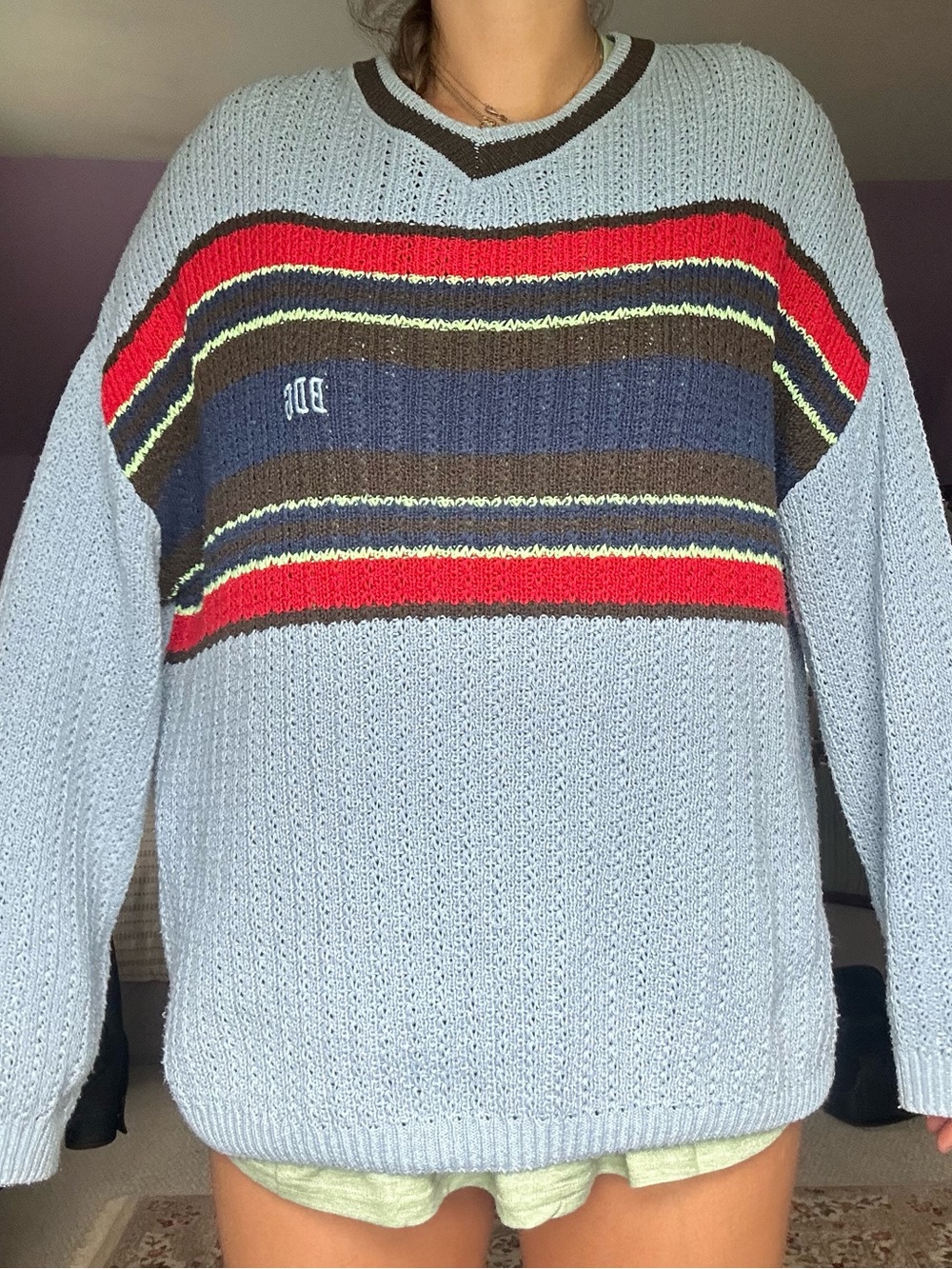 Urban Outfitters BDG Oversized Light Blue Striped Knit V-Neck Sweater